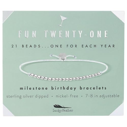 Lucky Feather 21st Birthday Gifts For Her | 21st Birthday Bracelet With 14k Dipped Beads Adjustable Cord Milestone Gift | Gifts For 21 Year Old Female | Birthday Gift Card For Girls | Trendy Gifts