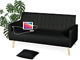 TYBOATLE Modern Striped PU Leather Loveseat Sofa w/ 2 USB Charging Ports, 57“ W Mid-Century Love Seats Couch w/Pillow for Small Space, Living Room, Office, Apartment, Dorm (Black)