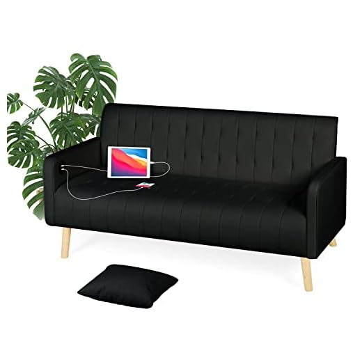 TYBOATLE Modern Striped PU Leather Loveseat Sofa w/ 2 USB Charging Ports, 57“ W Mid-Century Love Seats Couch w/Pillow for Small Space, Living Room, Office, Apartment, Dorm (Black)