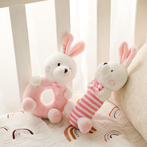 Image of Soft Baby Rattle Toys for Newborns, Buuny Plush Rattle Shaker Set for Infants Newborn Sensory Toys Cute Shower Gifts for Girls Boys 2 PCS Pink Bunny