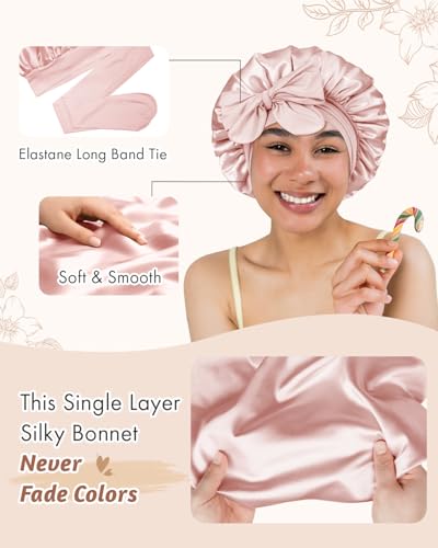 Image of BONNET QUEEN Silk Bonnet for Sleeping Women Satin Bonnet Night Sleep Cap Wrap for Curly Hair with Tie Band, Small, Cream Pink