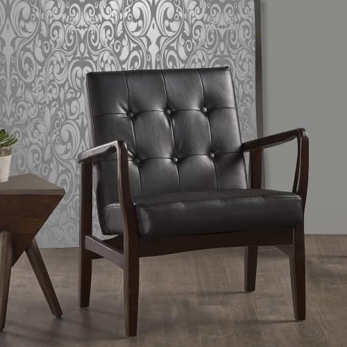 Image of APRODZ Solid Wood Accent Chair for Living Room Mid Century Modern Faux Leather Upholstered Chair with Wooden Legs Lounge Button Tufted Chair for Bedroom Office Seating (Black)