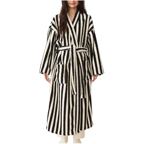 Womens Striped Robe Fleece Plush Soft Fluffy Fuzzy Cozy Winter Warm Lightweight Bathrobe Fuzzy Robe