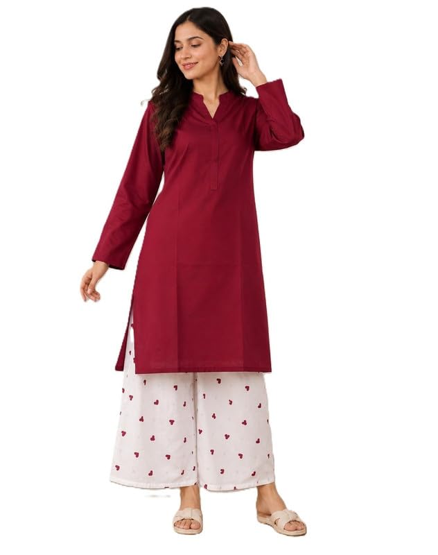 Women's South Cotton V Neck Solid Kurta with Palazzo Pants Set | Co-Ord Set-picture-42