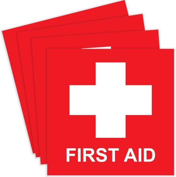 First Aid Sticker Decal - 4 x 4 Inches, First Aid Kit Sticker Sign, Red Cross Self-Adhesive Vinyl, Water and Fade Resistant, Indoor & Outdoor Use (4-Pack)