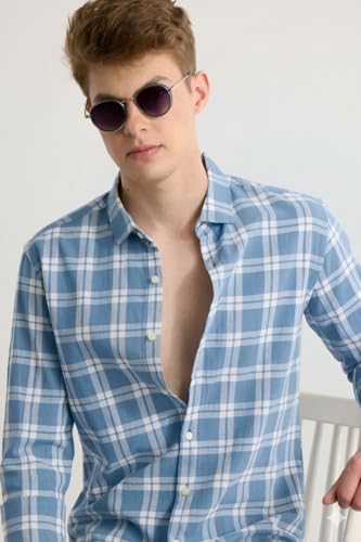 Image of Yuvawear, Men's Full Sleeve Checkered Casual Shirt, Blue, Green, and Cream Plaid Pattern