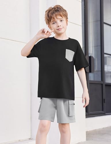 Image of Arshiner Boys' 2-Piece Cotton Outfit Short Sleeve Crewneck T-Shirt & Cargo Shorts Set Summer Casual Clothes for Kids 5-13