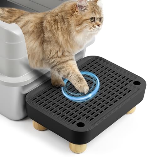 Cat Litter Box Step Ramp, Cat Litter Catcher Mat with Wooden Feet, Filter Function, Pedal Stool for Self-Cleaning Litter Box, Ideal for Kitten & Elderly Cats (Black)