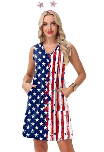 Image of Deerose Womens July 4th Sleeveless Dress American Flag Swim Cover Up Dress with Pockets