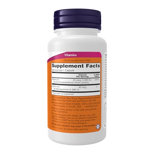 NOW Supplements, Vitamin D-3 & K-2, 1,000 IU/45 mcg,Plus Cardiovascular Support*, Supports Bone Health*, 120 veg Capsules