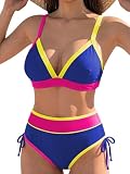 JFAN Traje de baño de Mujer de Dos Piezas Sexy Push up Cuello en V Talle Alto Bañadore Bikini de Conjunto Bloques de Color de Moda Piscina en la Playa,Azul Amarillo L