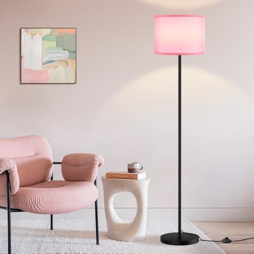 Image of Ambimall 60'' Modern Floor Lamp with Shade, Tall Lamps for Living Room, Bedroom, Office, Dining Room, Pink Shade with Black Pole(Without Bulb)