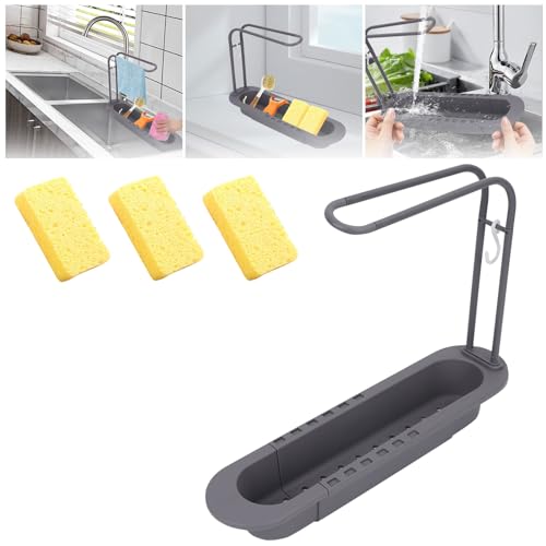 Organizador extensible para fregadero de cocina con colgador para toallas, canasta delgada telescópica, colador ajustable multifuncional, soporte para esponjas y bandeja de almacenamiento para baño y hogar miniatura 1