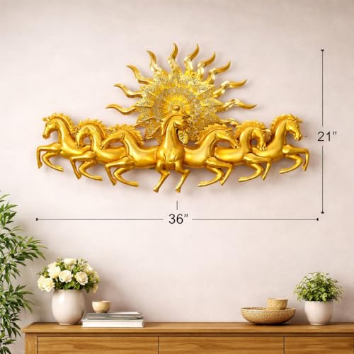 Image of iHandikart 7 Running Horses Metal Wall Art with Sun | Vastu Horses Wall Decor for Living Room | Golden Horses Wall Hanging | Luxury Metal Wall Decor for Home, Office & Entrance (36x21 Inch)