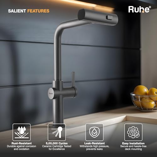 Image of Ruhe Arrow Triple Flow Pull-out Kitchen Mixer Faucet - Matte Black | Sprayer Faucet | Single Lever Tap | 360 Swivel | Hot & Cold Water | Table Mounted Kitchen Sink Tap