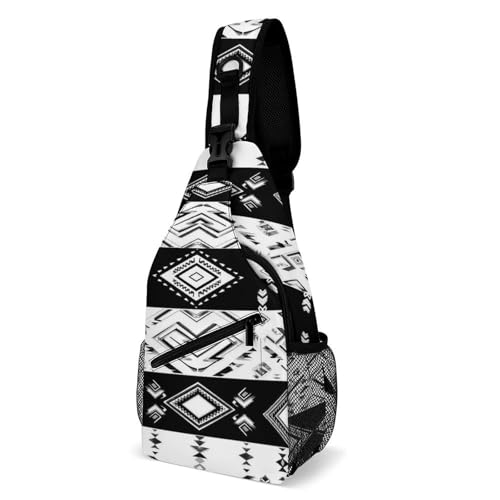 Fashion Traveling Running Casual Chest Bag, Dress Decor Sling Backpack, Shoulder Bag Casual Day Pack Aztec Black Grey And White