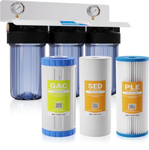 Max Water 3 Stage (Sediment, Odor & Improving Taste) Whole House (10 inch x 4.5 inch), Water Filtration System with Double O Ring Housing - Dual Sediment + GAC - 1
