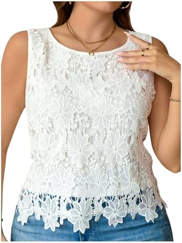 MakeMeChic Women's Plus Size Floral Lace Tank Top Sleeveless Crew Neck Crop Boho Vacation Tops White XX-Large Plus