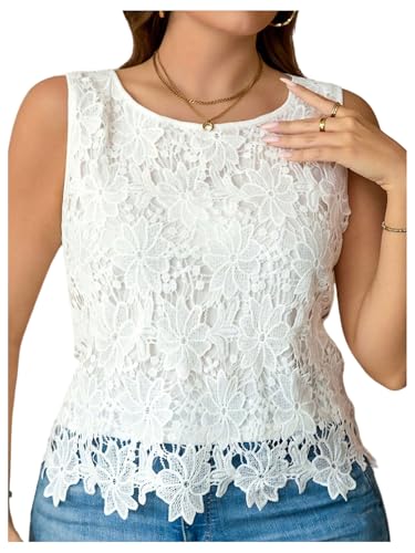 MakeMeChic - MakeMeChic Women's Plus Size Floral Lace Tank Top Sleeveless Crew Neck Crop Boho Vacation Tops White XX-Large Plus (79% Off Amazon Deal)