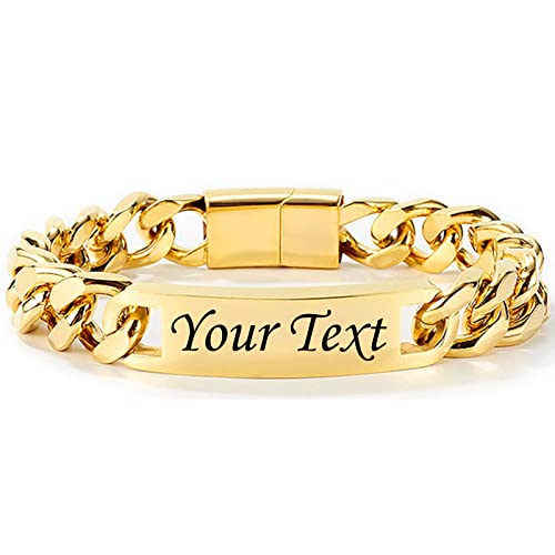 NEHZUS Customize Engrave ID Name Bar Bracelet for Men Stainless Steel Cuban Curb Link Chain Personalized Bracelets with Magnetic Buckle Clasp