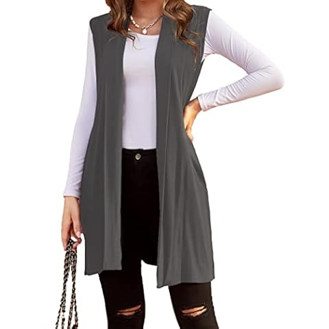 MAXMODA Cardigan Long Women Sleeveless Waterfall Cardigan Open Front Grey XL Cover