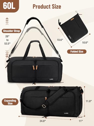 Image of Lekesky Foldable Travel Duffle Bag for Women, 60L Large Duffel Bag with Separate Shoes Compartments & Straps, Carry On Weekend Bag for Women, Hospital, Overnight (Black)