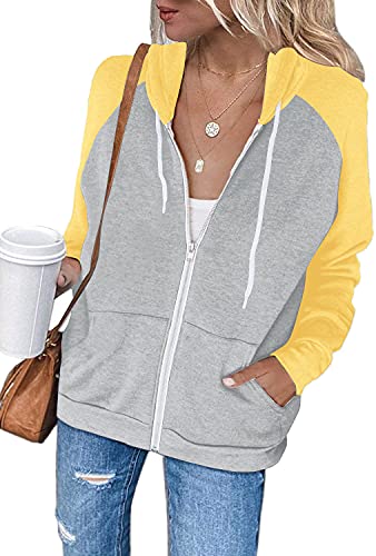 INFITTY Women's Long Sleeve Hooded Sweatshirts Color Block Jacket Lightweight Fashion Shirts Zip Up Hoodies Active Tops Yellow L