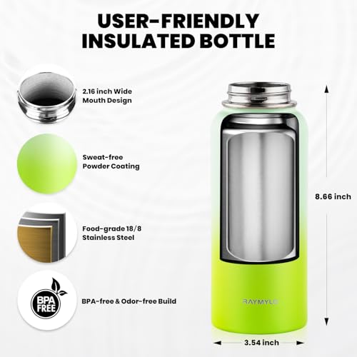 Image of RAYMYLO Insulated Water Bottle 32 oz, Triple Wall Vacuum Stainless Steel (Cold for 24Hrs, Hot for 12Hrs), Leak Proof & Non-BPA, Modern Water Flask Jug with Paracord Handle & Straw Spout Lids