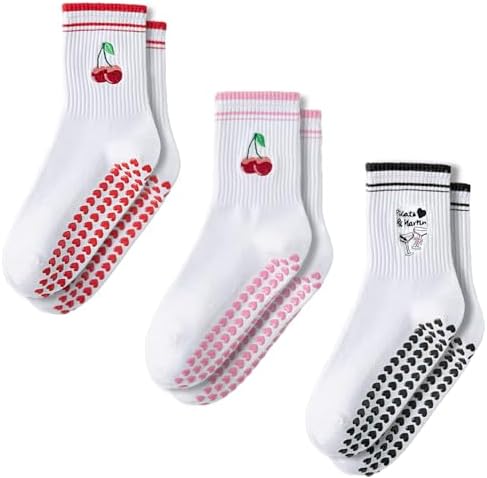 BIRDDIE 3 Pairs Pilates Socks,Socks Woman,Love Heart Anti Slip Particles,Mid Calf Yoga Socks for Pilates,Ballet,and Yoga, Round, 5-10