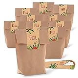 Lot de 25 petits sacs en papier de Noël Marron naturel 14 x 22 x 5,6 cm + 25 autocollants FROHES FEST Mistel Branches de sapin vert rouge beige emballage cadeau bio