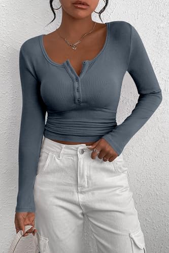DUOEASE Tee Shirt Femme Décontracté Henley Top Boutonné Stretch Haut Femme Chic et Elegant BleuFoncé M – vue 3