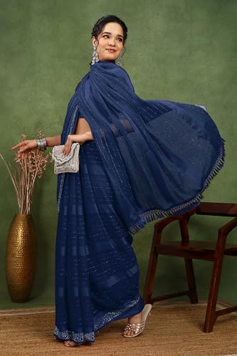 Image of MIRCHI FASHION Saree for Woman Georgette Solid with Satin Stripes | Stone Border Farewell and Ceremonial Sari with Blouse Piece