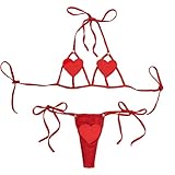 HOTSO Women Cute Bra and Panty Set Sexy Babydoll Lingerie Adjustable Bow Tie Strappy G-String Wristband Teddy Underwear (Style C-Red)