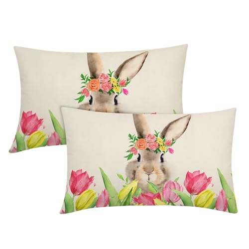 Easter Lumbar Pillow Covers 12X20 Inch Spring Bunny Tulip Floral Garland Decorative Pillow Cases Rabbit Flowers Cotton Linen Throw Pillows Set of 2 Holiday Home Decor for Sofa Couch Outdoor