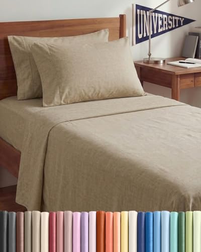 Image of Twin XL 4 Piece Sheet Set - College Dorm Room Essentials - Heathered Beige | Ultra Soft Dorm Bedding Set, 8 inch to 16 inch Inch Deep Pockets, 1 Flat & 1 Fitted Sheet & 2 Pillowcases, Wrinkle & Fade Free