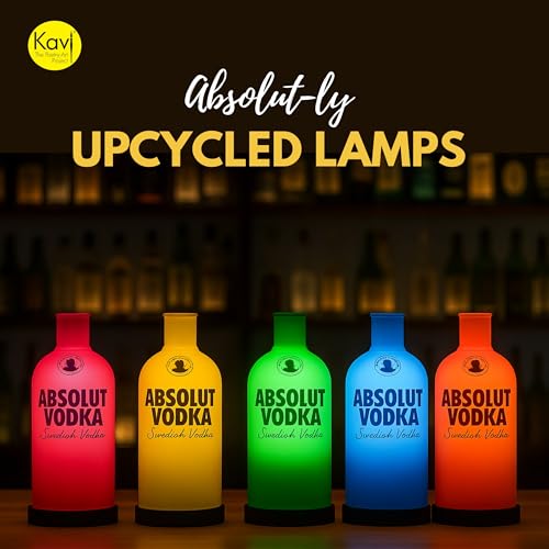 Image of KAVI Handmade Upcycled Vodka Bottle LED Lamp with Wooden Base - Decorative Lighting for Home & Bar (Orange)