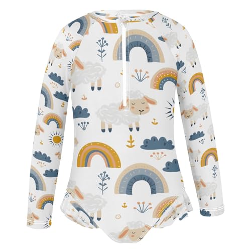 Cute Sheep on Rainbow Girls Long Sleeve Swimsuits One Piece Zipper Bathing Suit UPF 50+ Rashguard Swimwear2