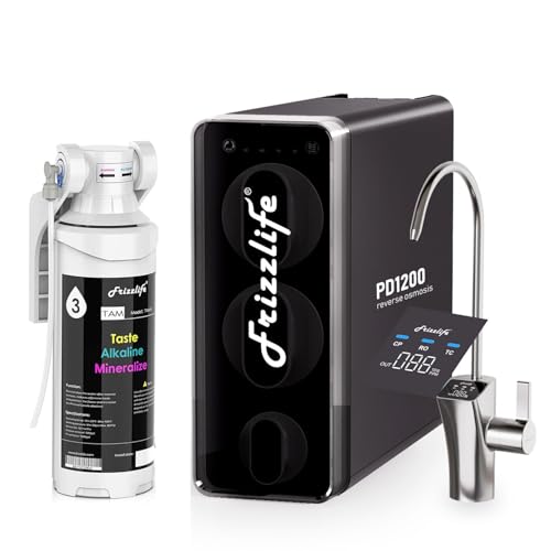 Frizzlife 1200 GPD Reverse Osmosis Water Filter PD1200, 11-Stage Tankless Reverse Osmosis System, Under Sink RO Water Filtration System, 3:1 Pure to Drain, Smart Faucet with TAM3 Alkaline Fi