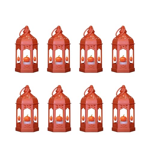 LLQ 8-Pack Mini Pumpkin Pattern Lanterns | Orange Fall Thanksgiving
