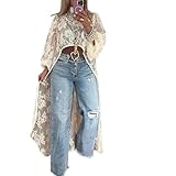 Women's Round Neck Lace Short Front and Long Back Casual Top, Womens Long Sleeve Tops, Summer Floral Embroidery Cover-Up (Apricot,3X-Large)