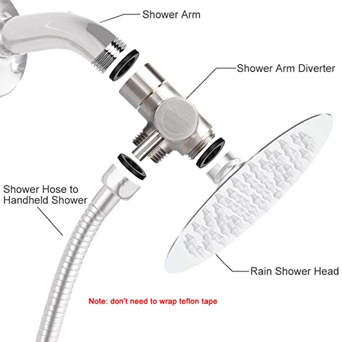 Nearmoon Solid Brass 3-Way Shower Arm Diverter Valve, Universal G1/2" T-Adapter Bathroom Shower System Replacement Component For Handheld Shower Head And Fixed Shower Head (Brushed Nickel) #TOP2