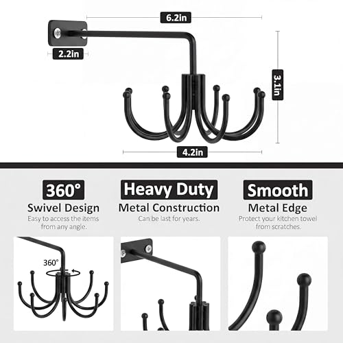 Image of ZEDODIER Kitchen Cooking Utensil Holder, 360 Rotating Kitchen Hooks for Hanging Utensils, Heavy Duty Metal Utensil Rack with 8 Storage Capacity for Utensil, Towel, Pot, Glove, Aprons, Black