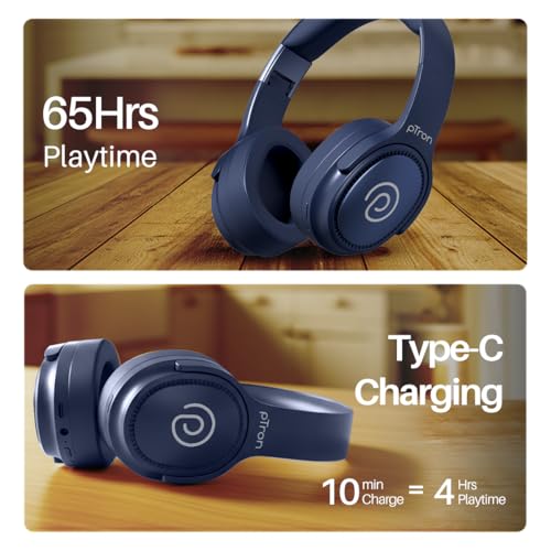 Image of pTron Studio Pro w / 65Hrs Playtime, Wireless Over Ear Headphones with HD Mic, Dual Device Pairing, TruTalk AI-ENC Calls, Low-Latency Game & Music, 40mm Drivers, BT5.4, Type-C Fast Charging (Navy Blue)