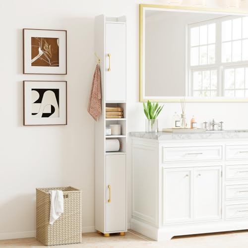 Image of Tangkula Narrow Bathroom Cabinet, 69.5 inch Tall Storage with 2 Doors & Adjustable Shelves, Toilet Paper Rod & Side Hook, Anti-toppling Design, Slim Floor Cabinet for Small Spaces (White, 1 Pack)