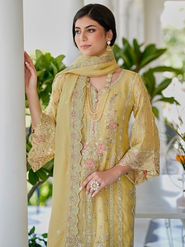 Image of INDO ERA Women's Organza Kurta and Pant with Dupatta Set