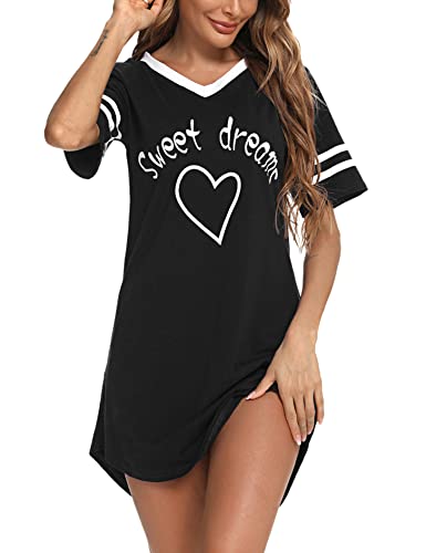 Litherday Chemise de Nuit Femme en Coton Robe de Nuit à Manches Courtes Vêtement de Nuit avec Col V Rayé Motif Coeur et Impression Imprimé,Noir,XXL