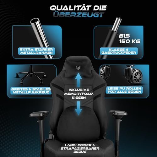 Bild 6 - Ultimatrix FURY Gaming Stuhl Ergonomisch [TESTSIEGER] Integrierte Lordosenstütze, 4D-Armlehnen, Atmungsaktiver Stoff, Fußstütze, Gamingstuhl Kaltschaum, Gaming Chair 150kg, Schreibtischstuhl (Schwarz)