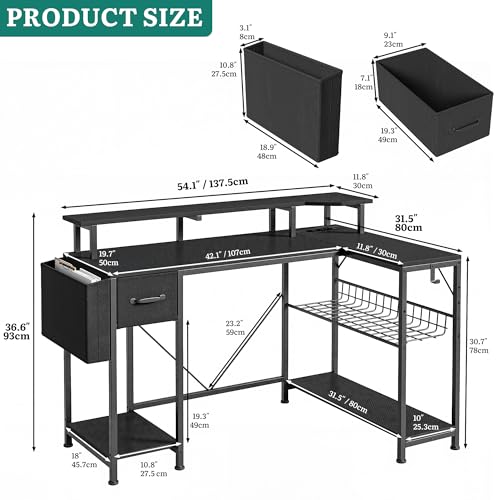 Table de jeu LED en L YITAHOME bureau d angle informatique avec tiroirs noir