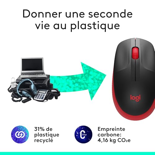 Logitech M190 Souris sans fil, design ambidextre, durée de la batterie 18 mois avec mode économie d’énergie, récepteur USB, contrôle précis du curseur + défilement, large molette de défilement - Rouge