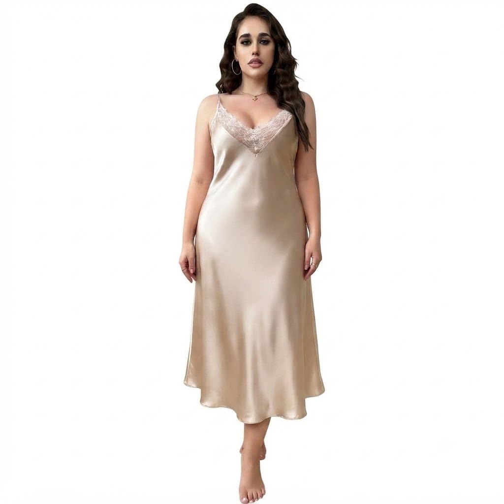 purpleq Sottoveste Lunga in Raso Taglie Forti con Pizzo | Tessuto lungo e fluido in raso con scollo a V in pizzo per un comfort e un'eleganza supremi.